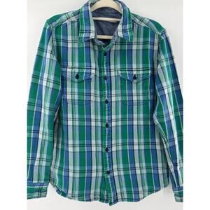 Outerknown Mens Green Blue Plaid Blanket Shirt Organic Cotton Flannel Medium
